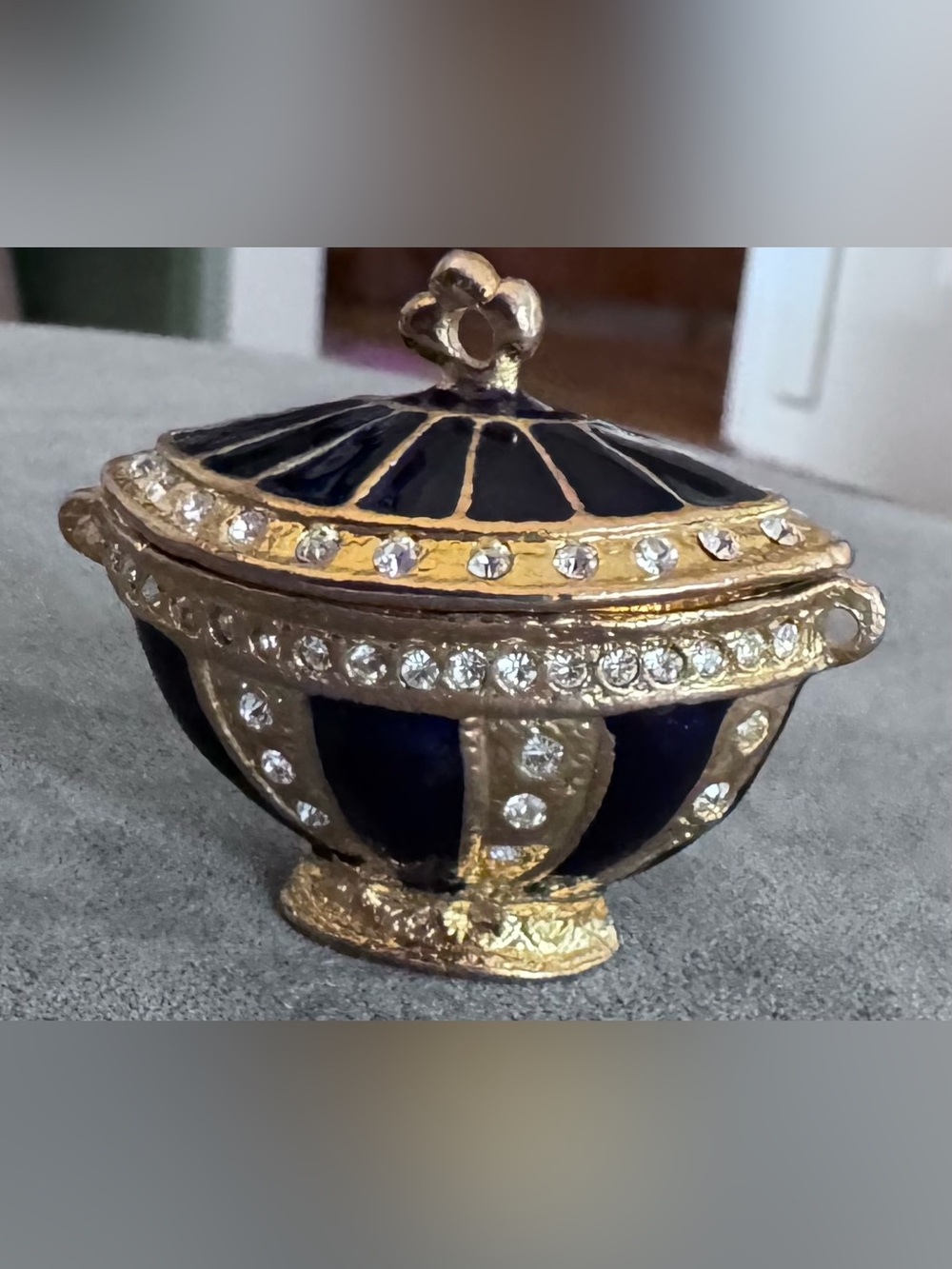 Gold and Deep Blue Enameled Jeweled Decorative Trinket Box - Home Accents Decor